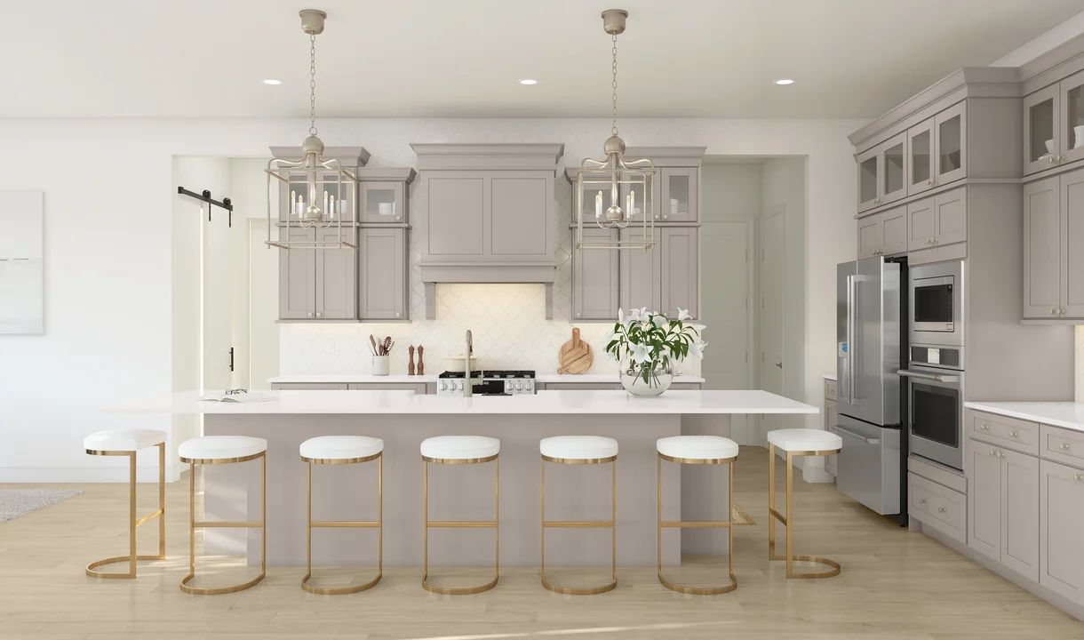 Kitchen with upper glass cabinets & pendant lights