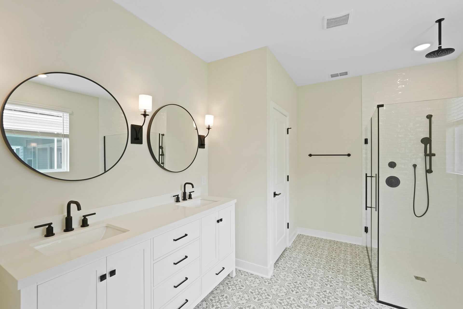 Primary bath with matte black finishes
