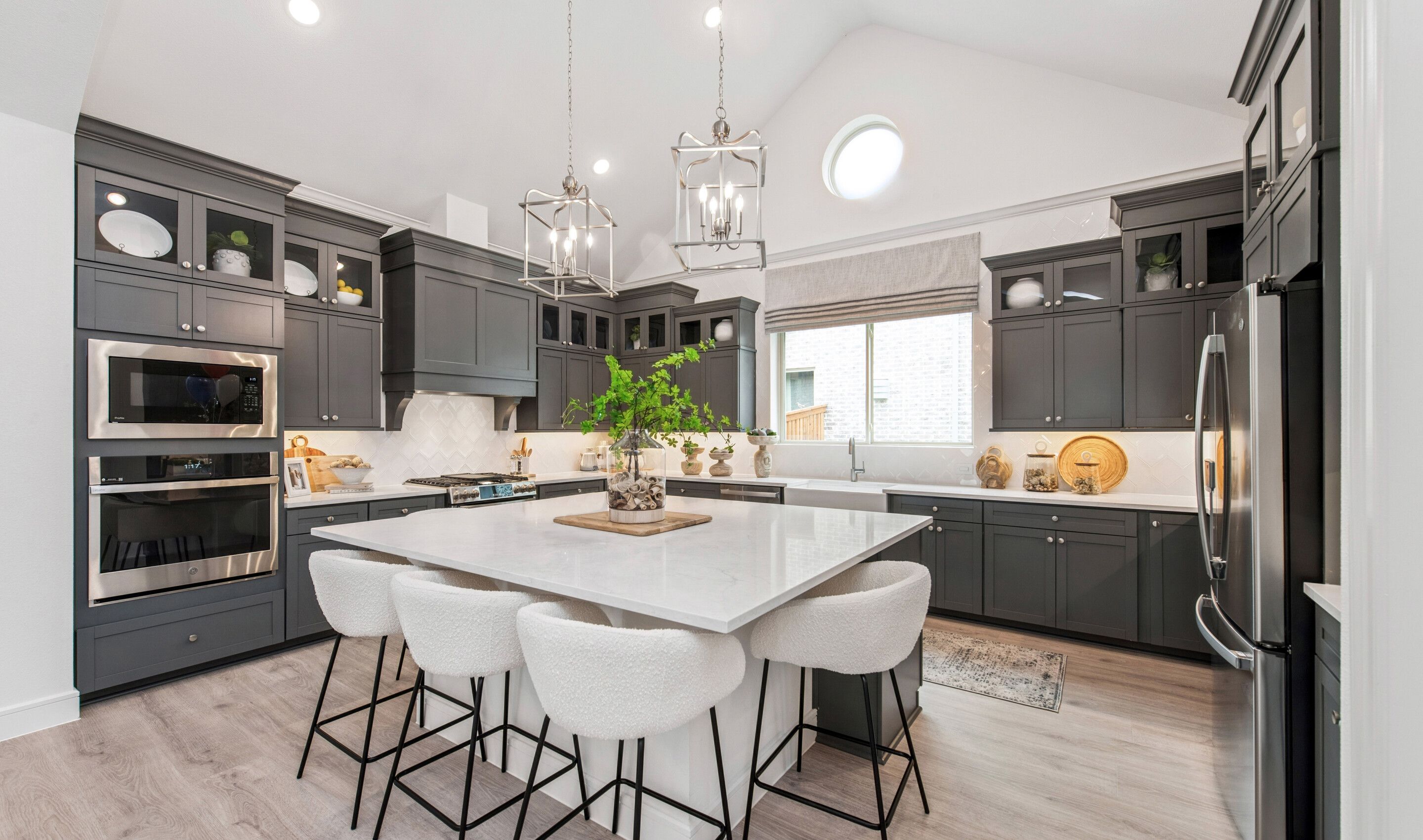 Kitchen with soaring vaulted ceiling