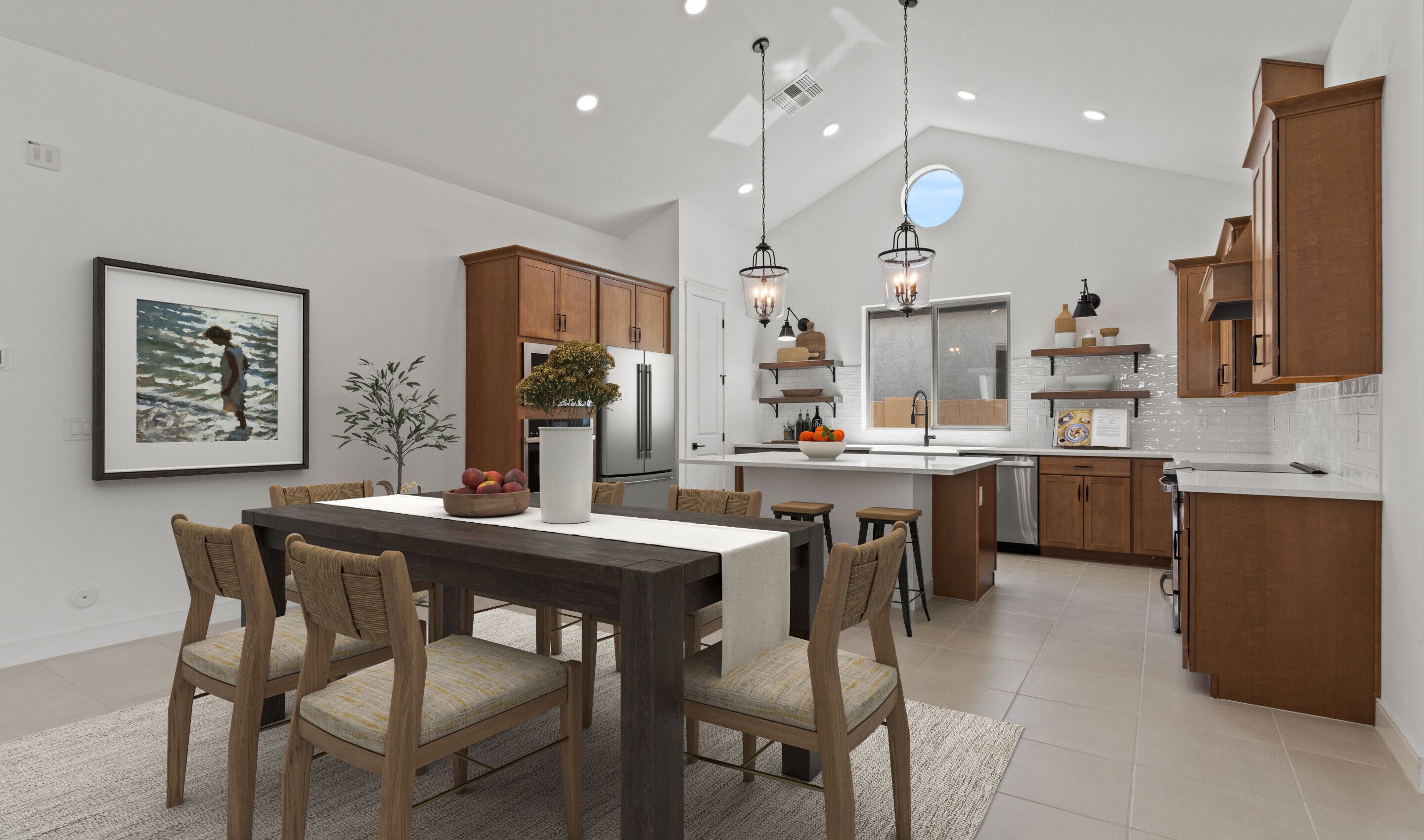 Dining area with tile flooring