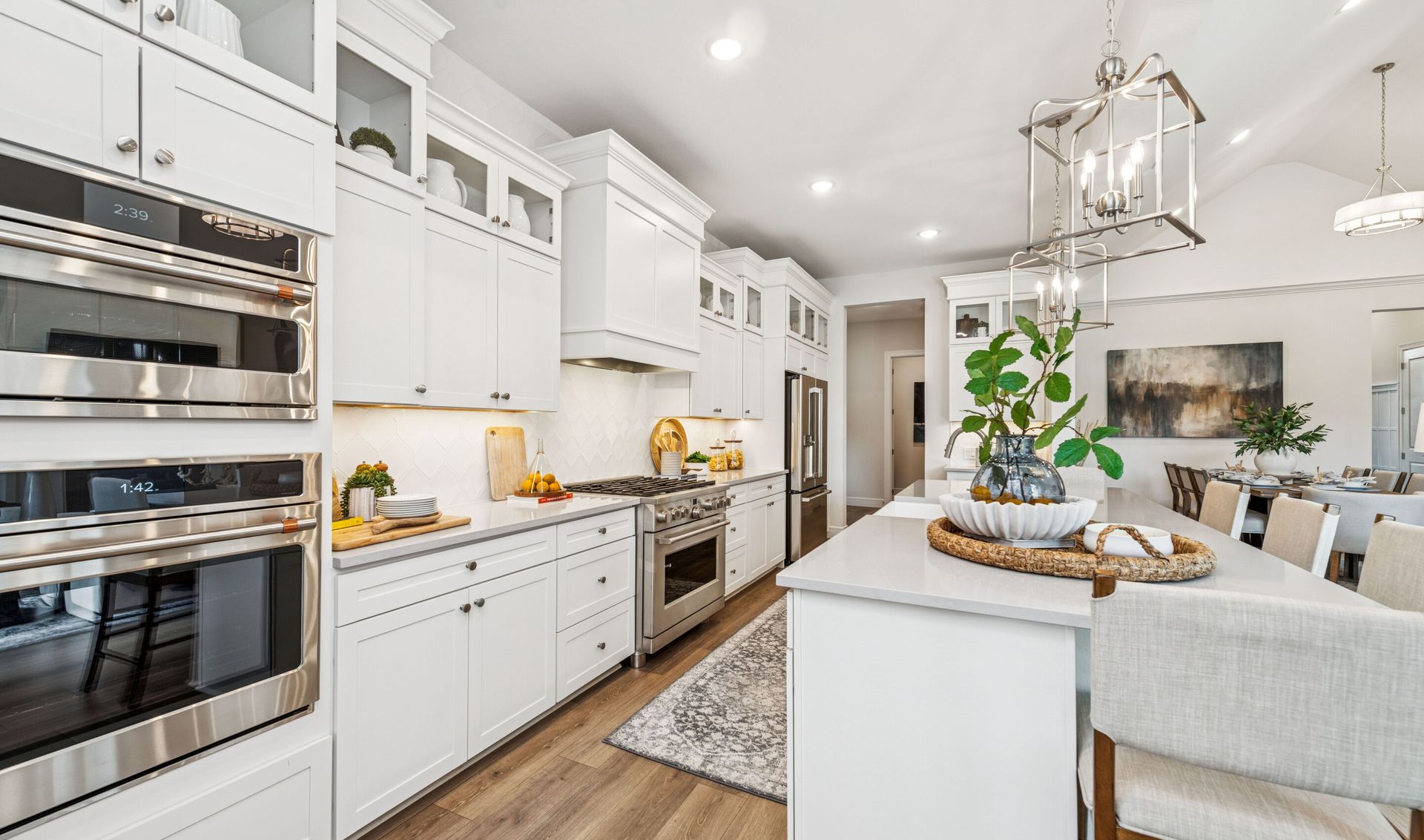 Kitchen with upper glass cabinets