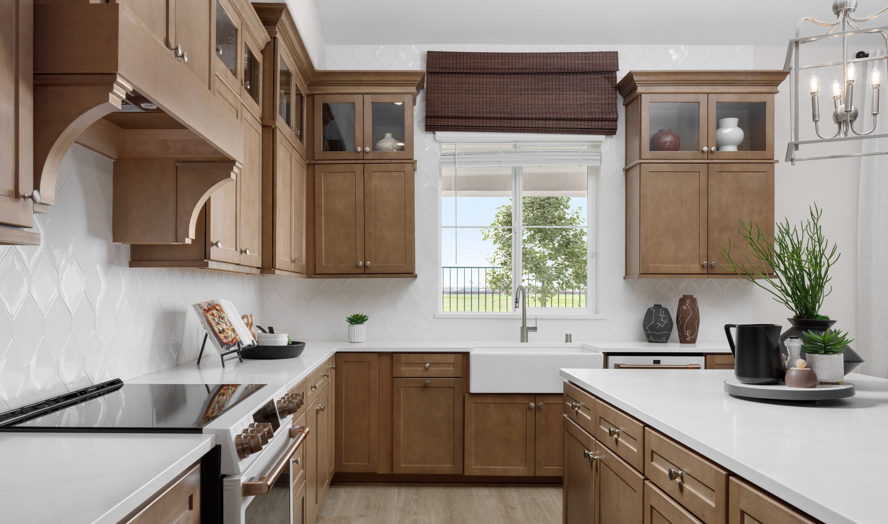 Kitchen with hexagonal backsplash and apron-front sink