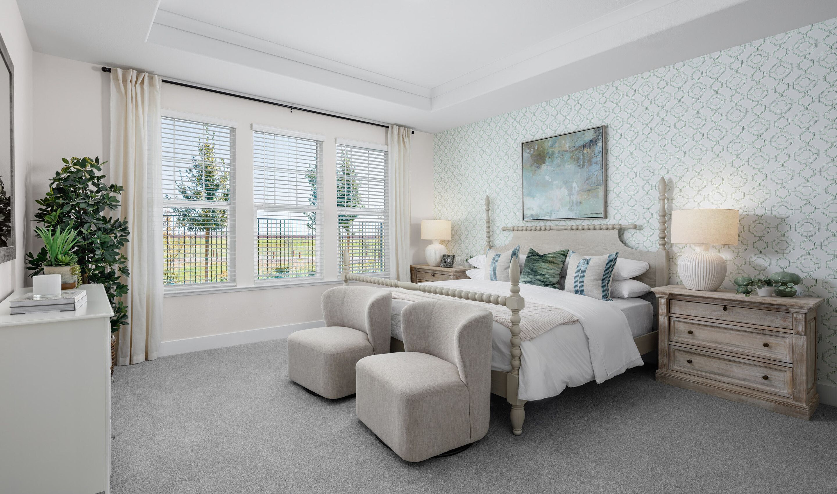 Primary suite with tray ceiling and crown moulding detailing