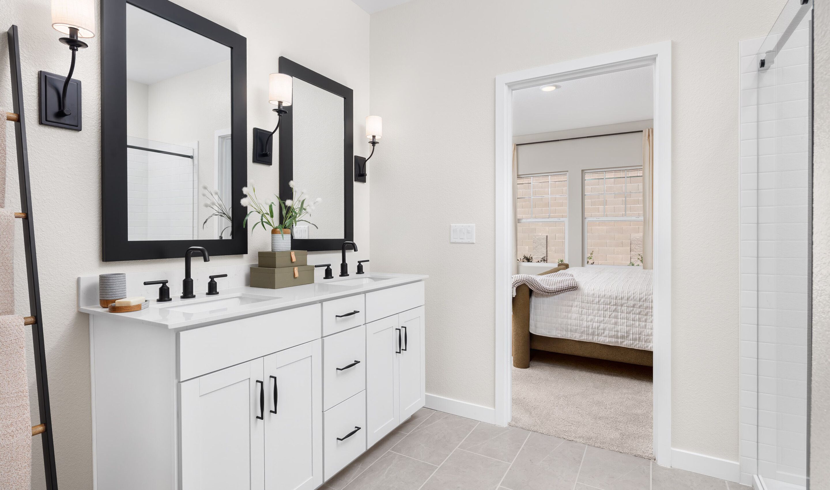 Primary bath with matte black accents