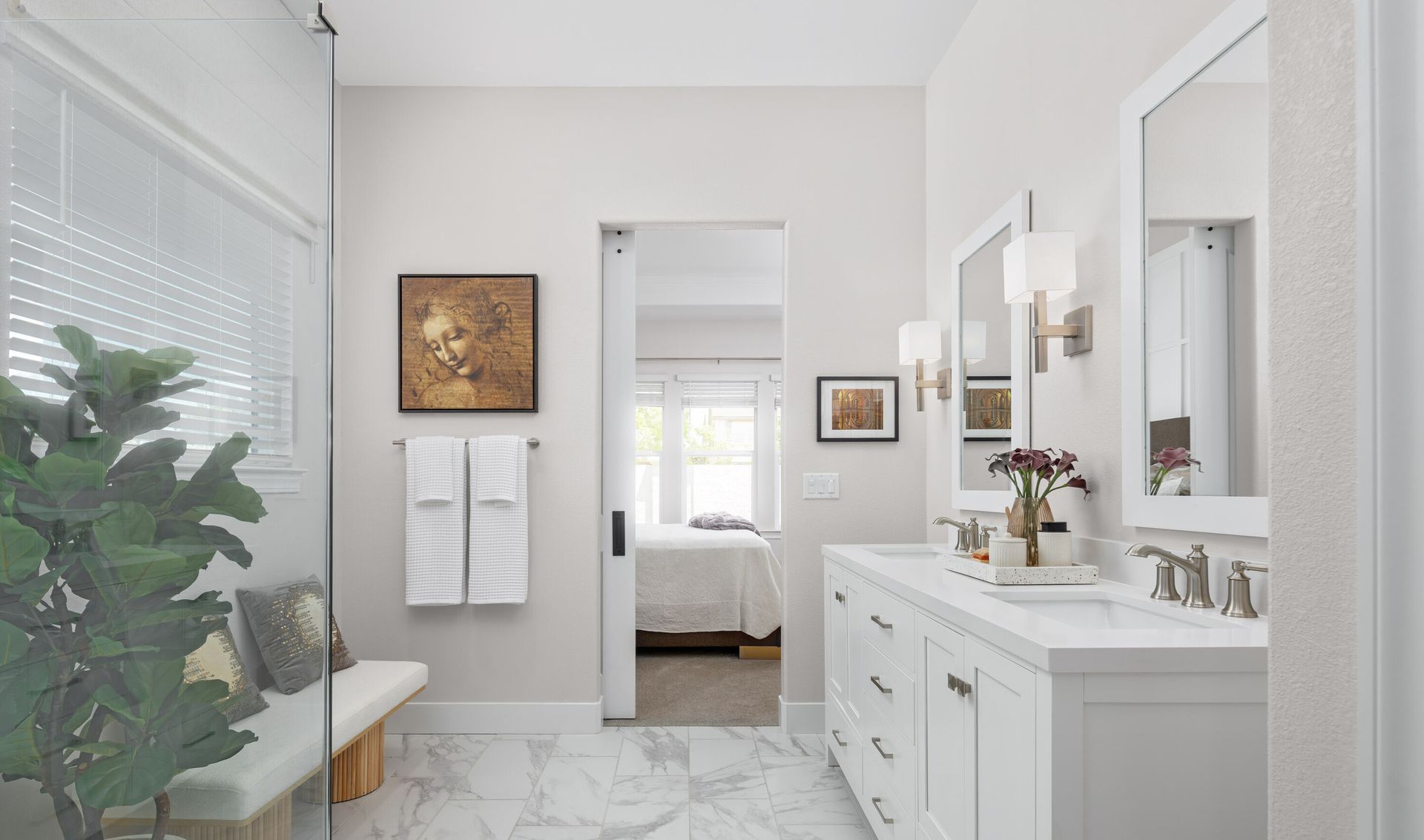 Primary bath with freestanding vanity