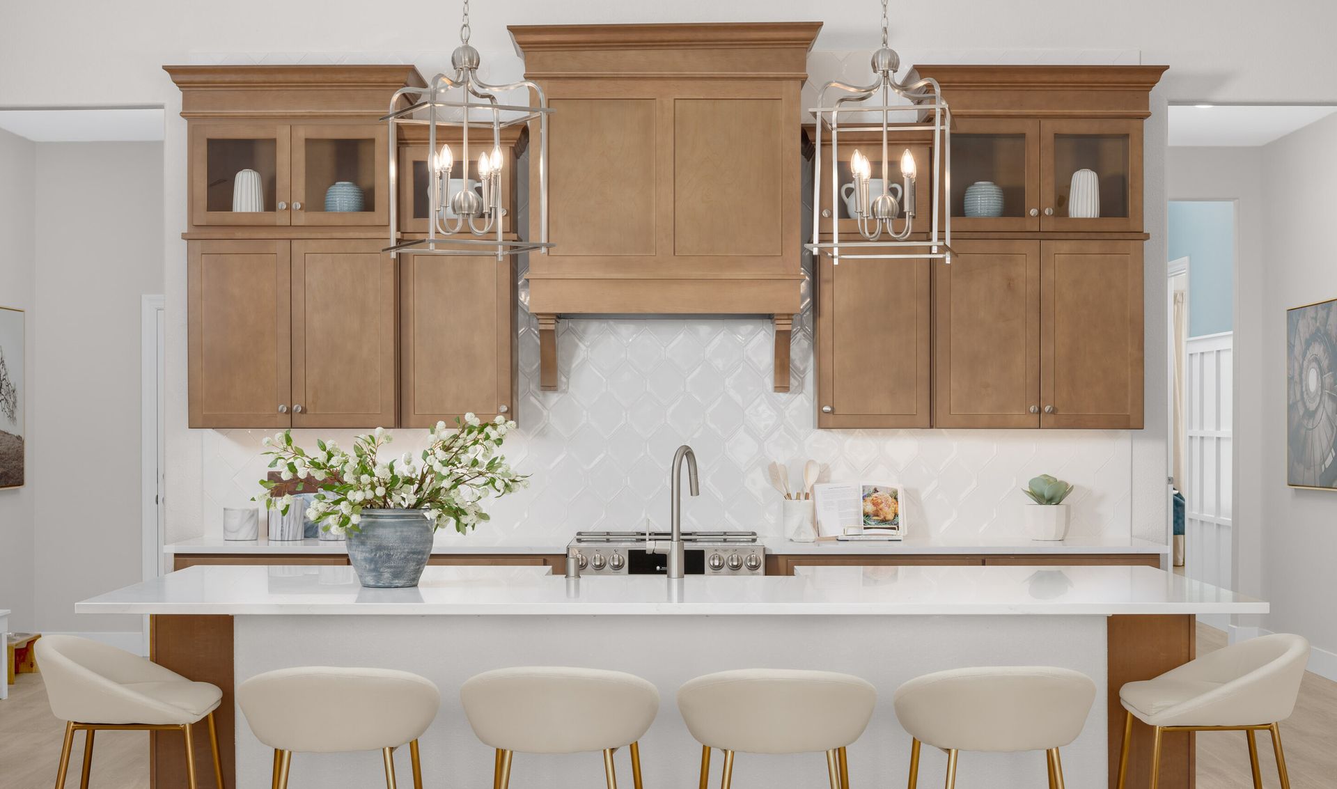 Stunning hexagonal backsplash and pendant lighting