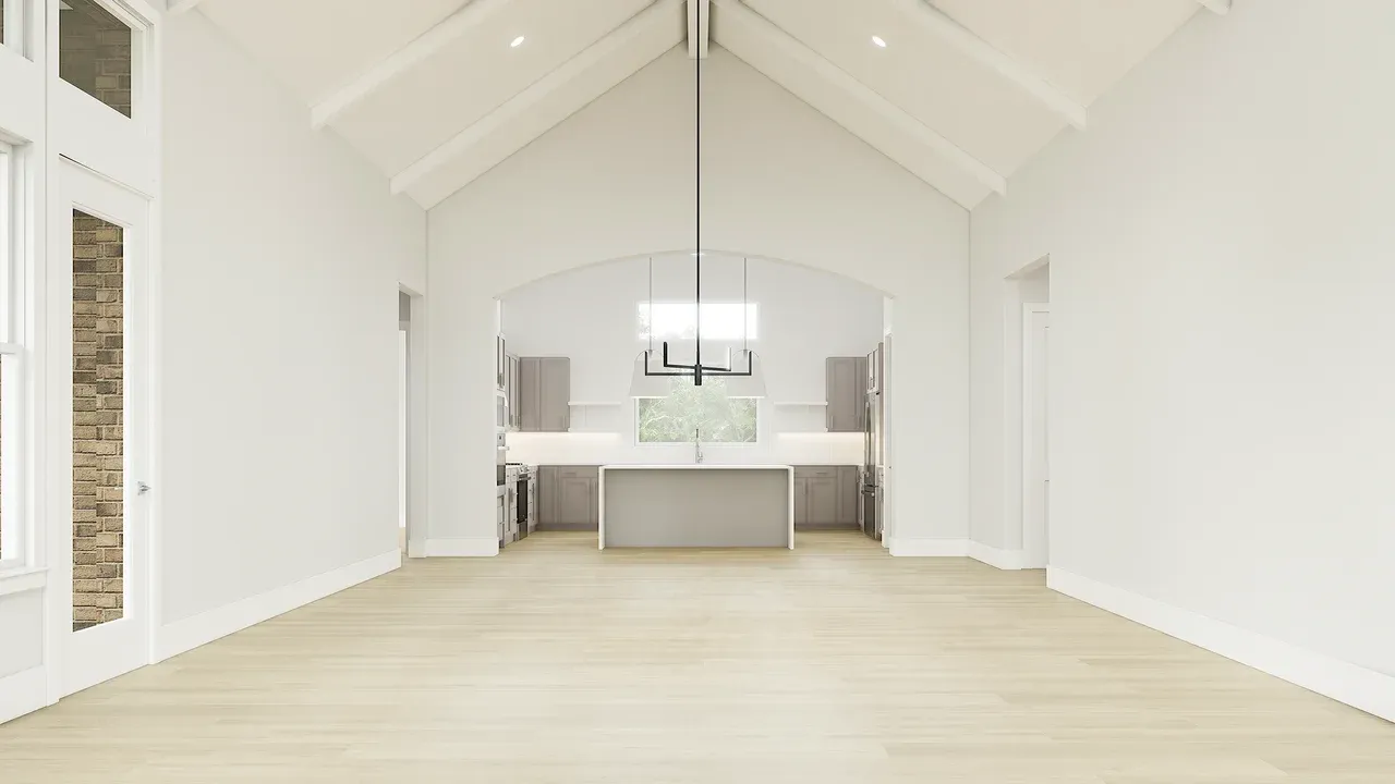 Great Room with painted ceiling beams