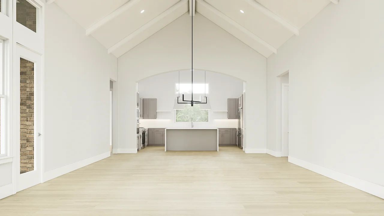 Great Room with painted ceiling beams