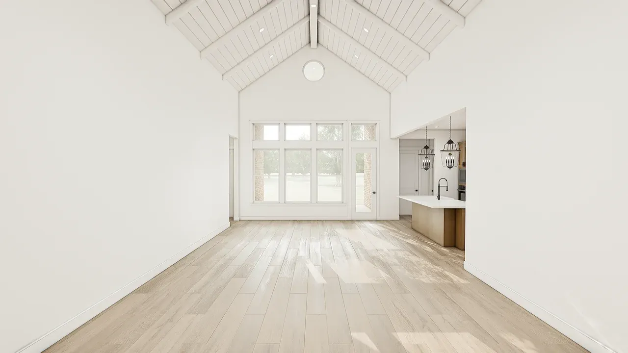 Great Room with Painted Ceiling Beams & Shiplap