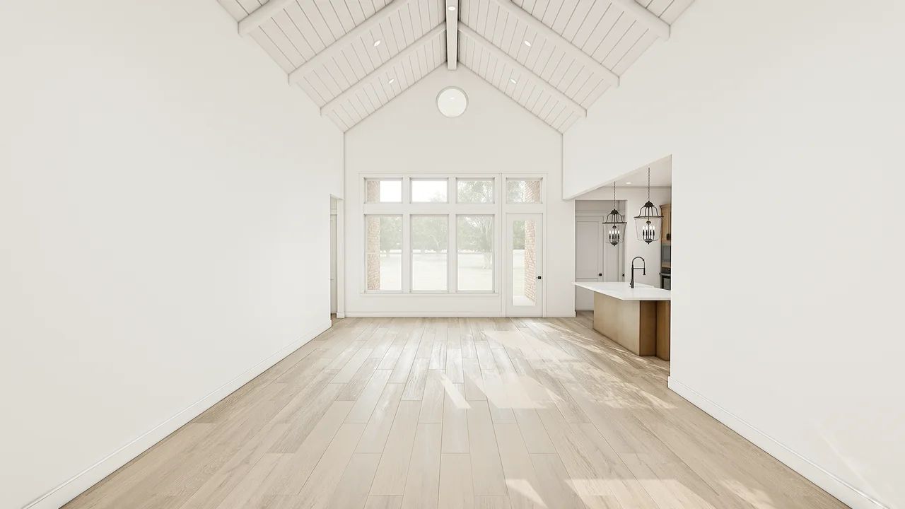 Great Room with Painted Ceiling Beams & Shiplap