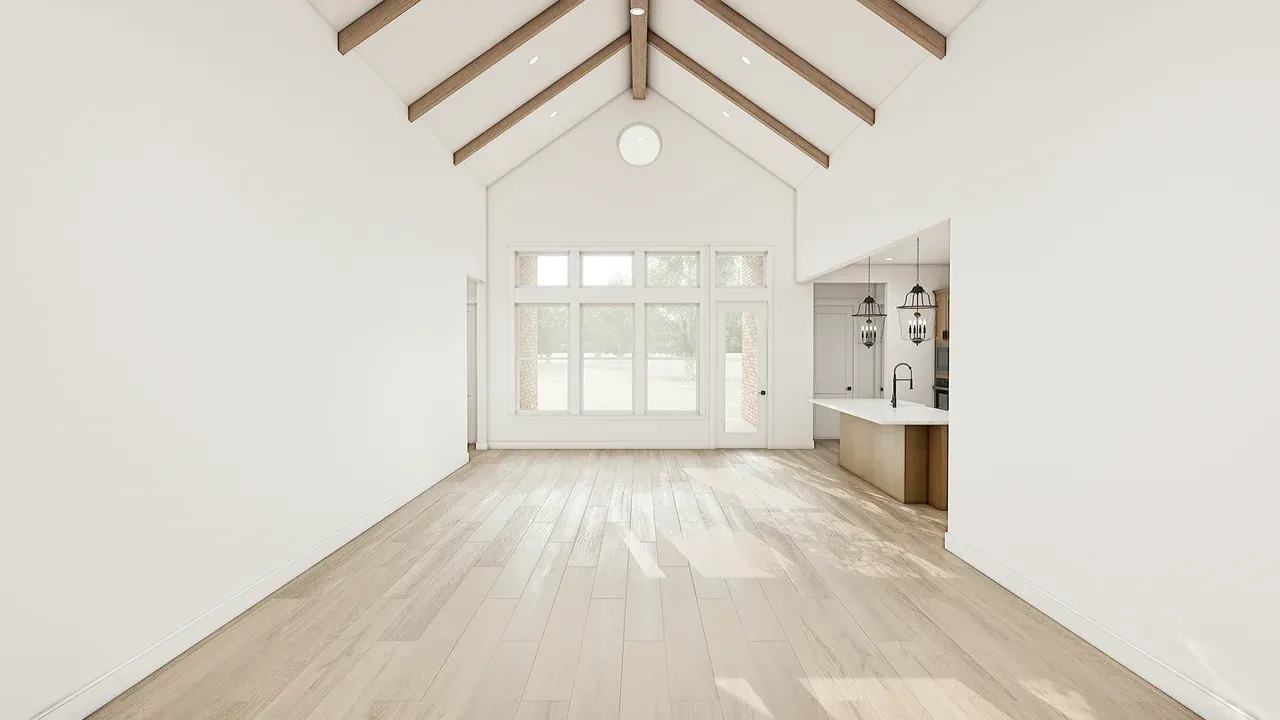 Great Room with Stained Ceiling Beams