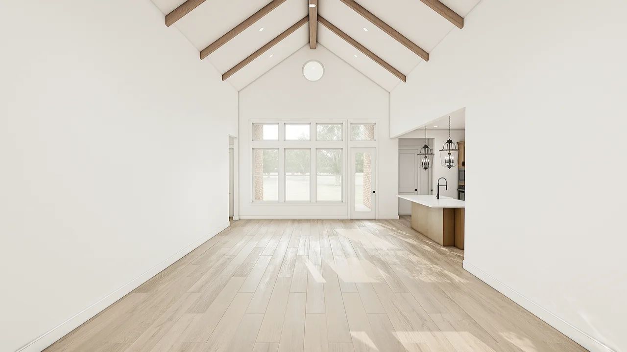Great Room with Stained Ceiling Beams