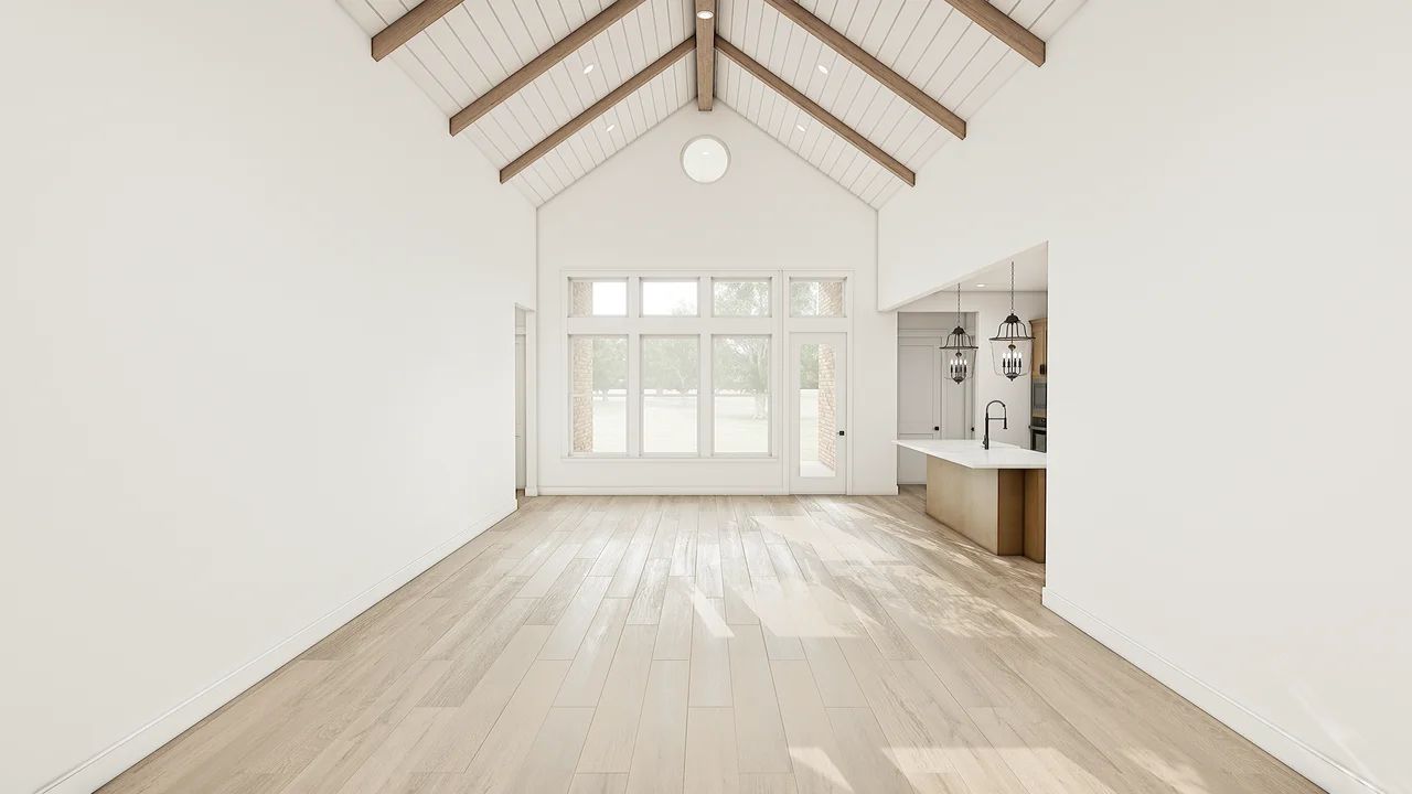 Great Room with Stained Ceiling Beams & Shiplap