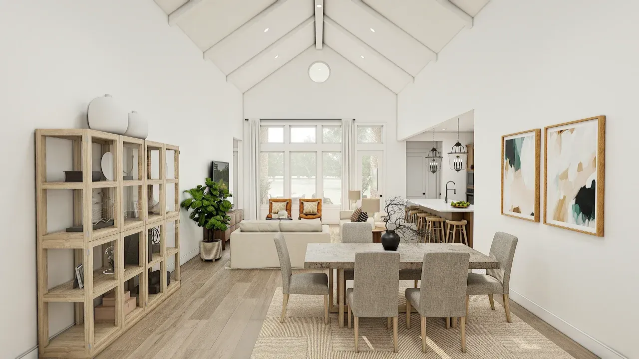 Dining Area & Great Room with Painted Ceiling Beams