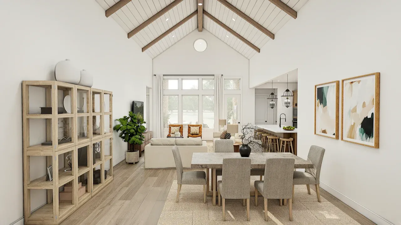 Dining Area & Great Room with Stained Ceiling Beams & Shiplap
