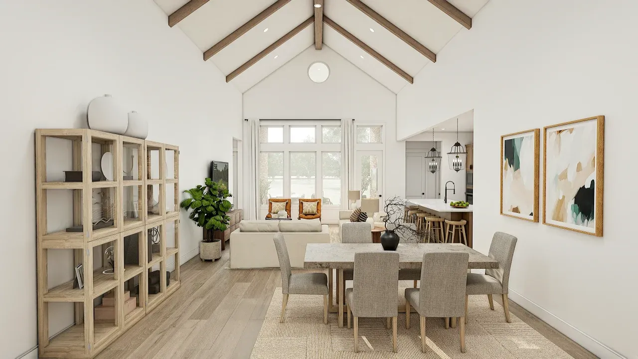 Dining Area & Great Room with Stained Ceiling Beams