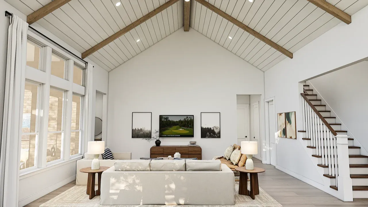 Great Room with Shiplap and Stained Ceiling Beams
