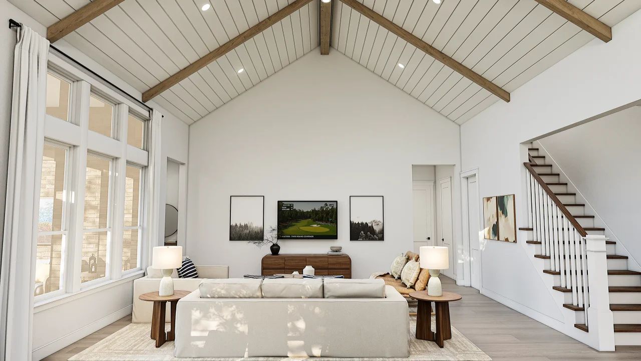 Great Room with Shiplap and Stained Ceiling Beams