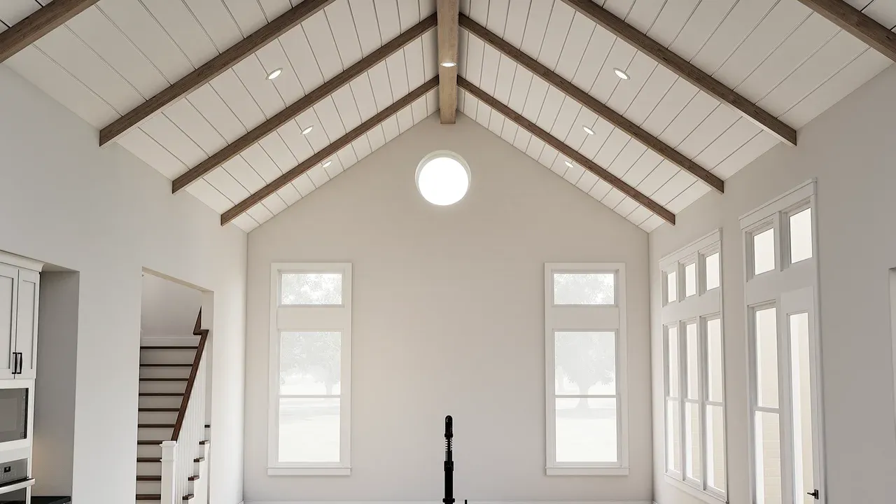 Great room with stained ceiling beams & shiplap