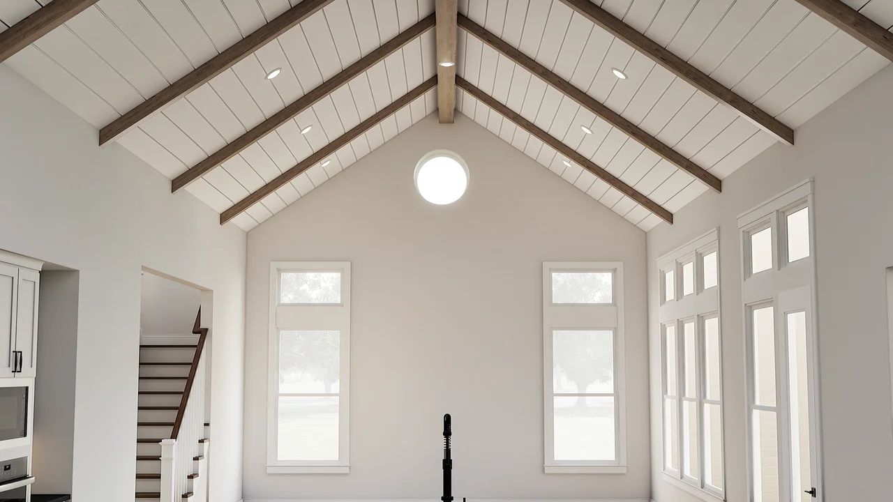 Great room with stained ceiling beams & shiplap