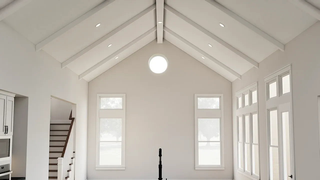 Great room with painted ceiling beams