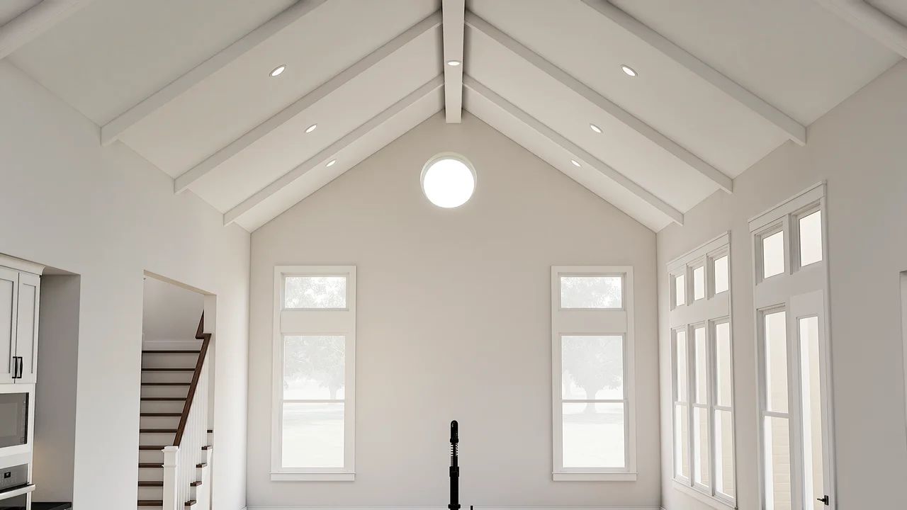 Great room with painted ceiling beams
