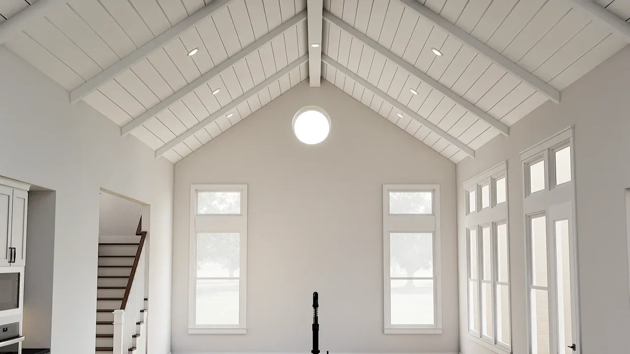 Great room with painted ceiling beams & shiplap