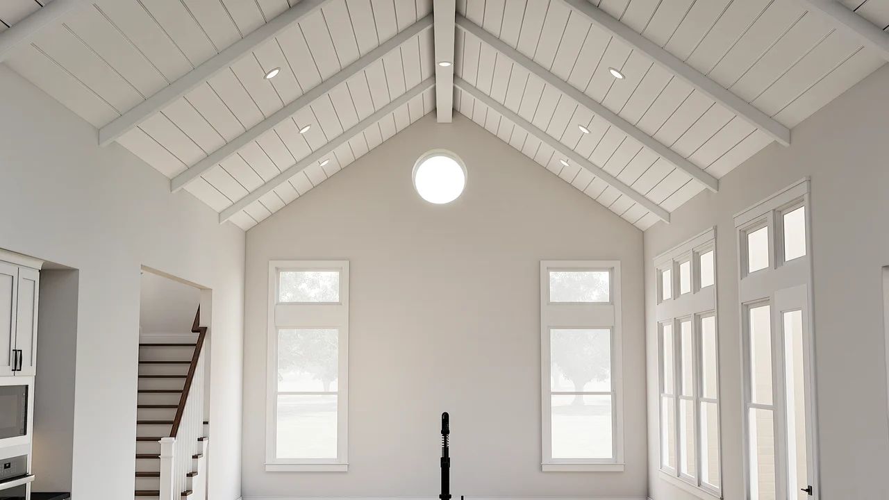 Great room with painted ceiling beams & shiplap