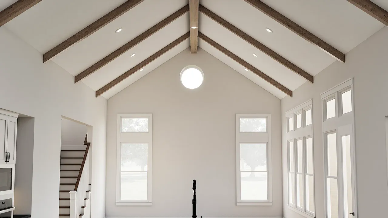 Great room with painted ceiling beams