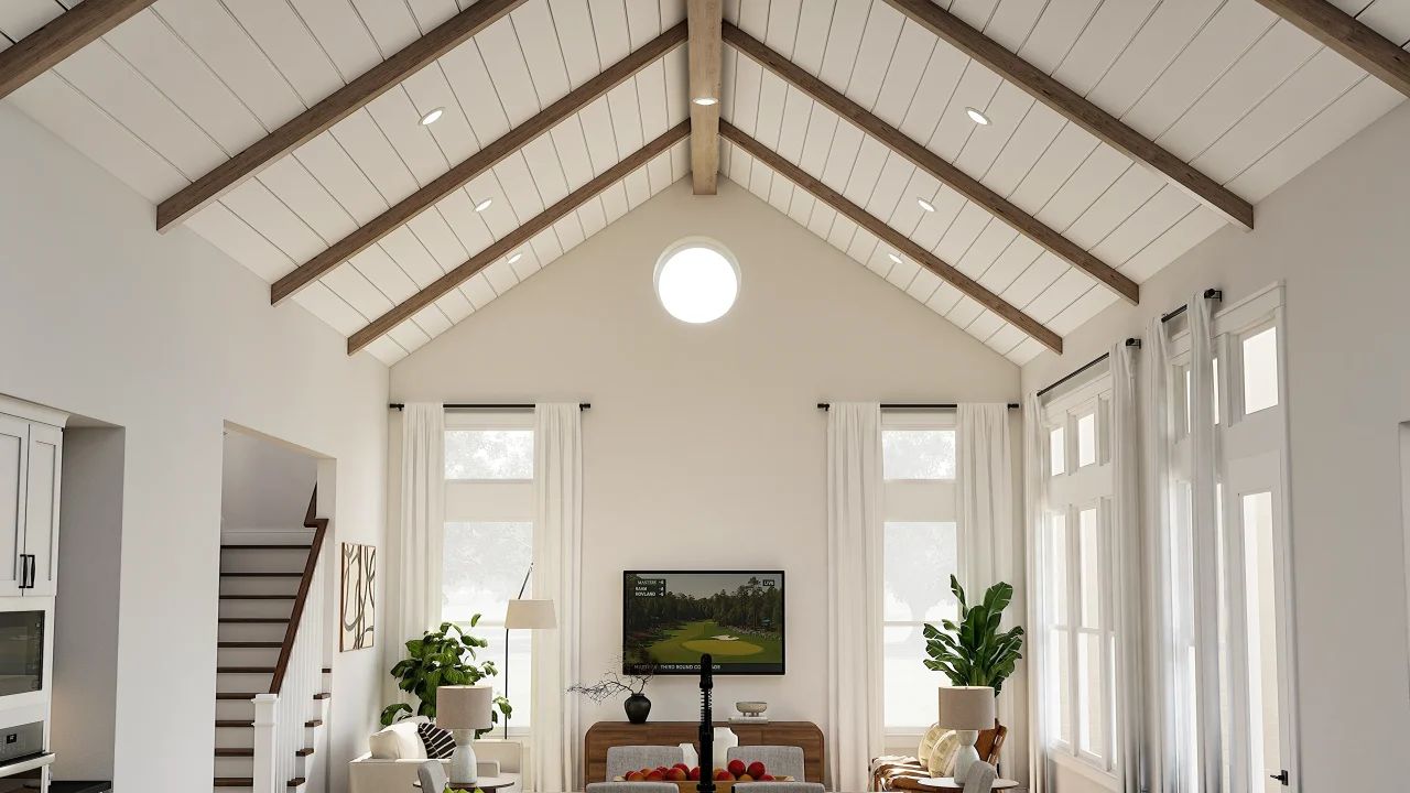 Great room with stained ceiling beams & shiplap