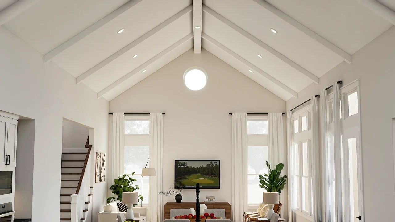 Great room with painted ceiling beams