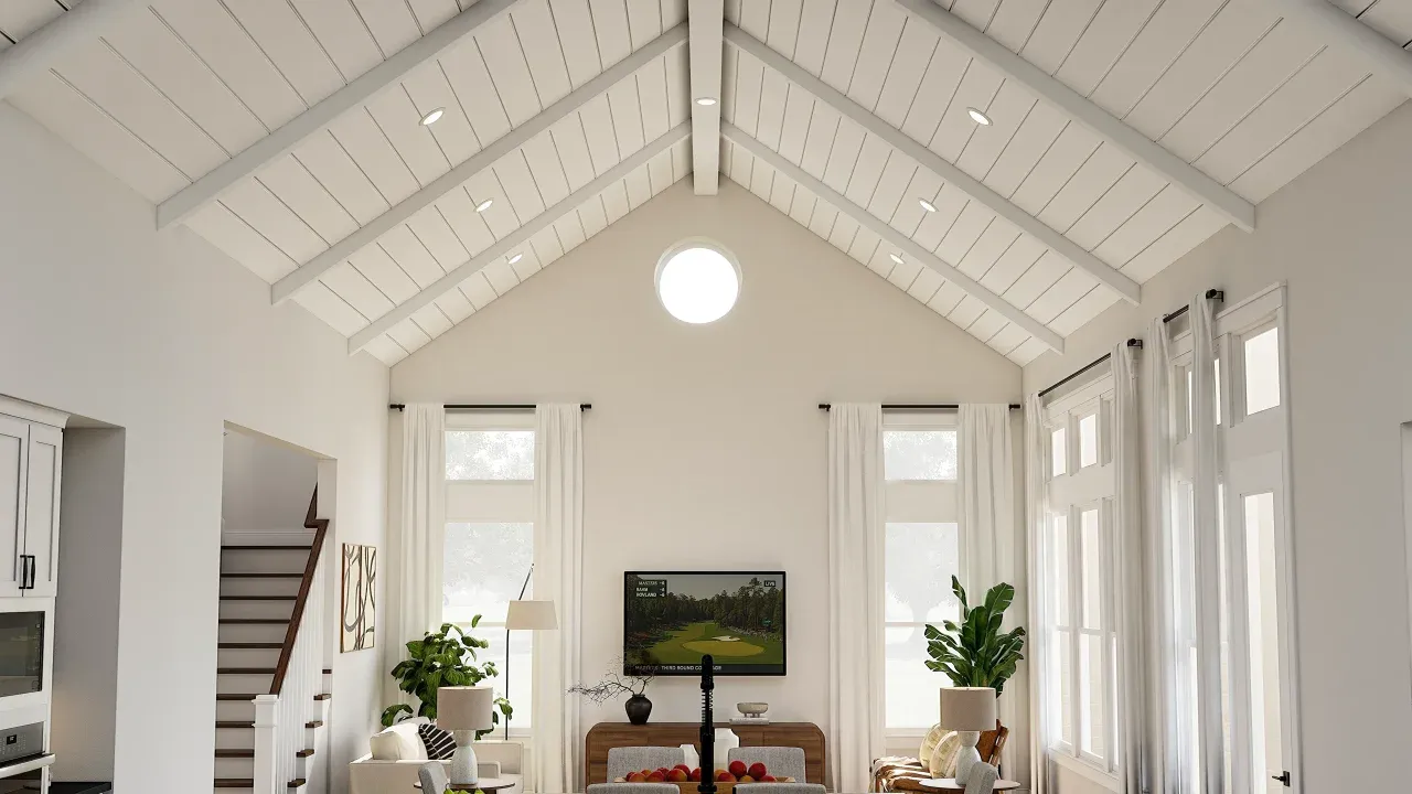 Great room with painted ceiling beams & shiplap