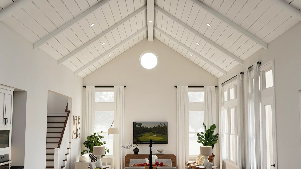 Great room with painted ceiling beams & shiplap