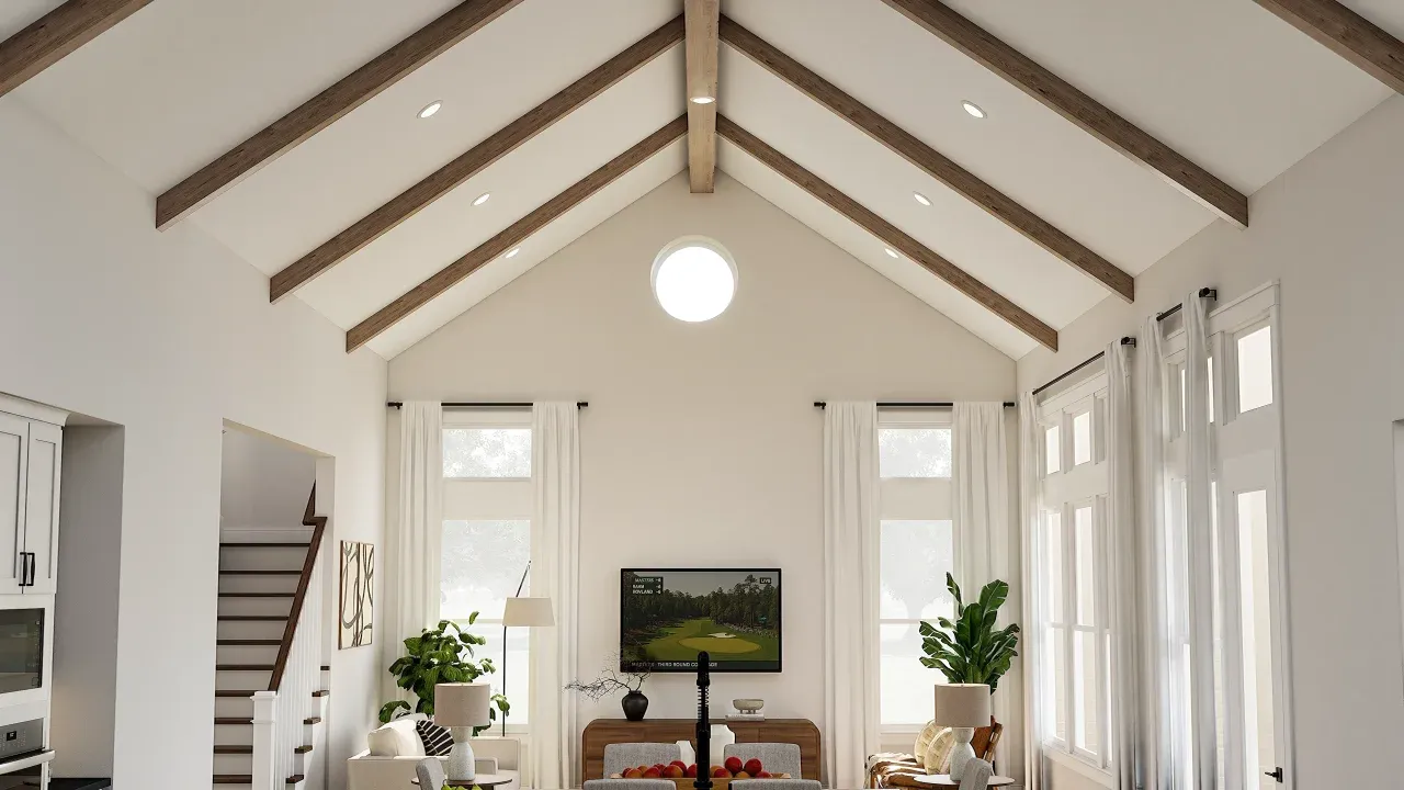 Great room with stained ceiling beams