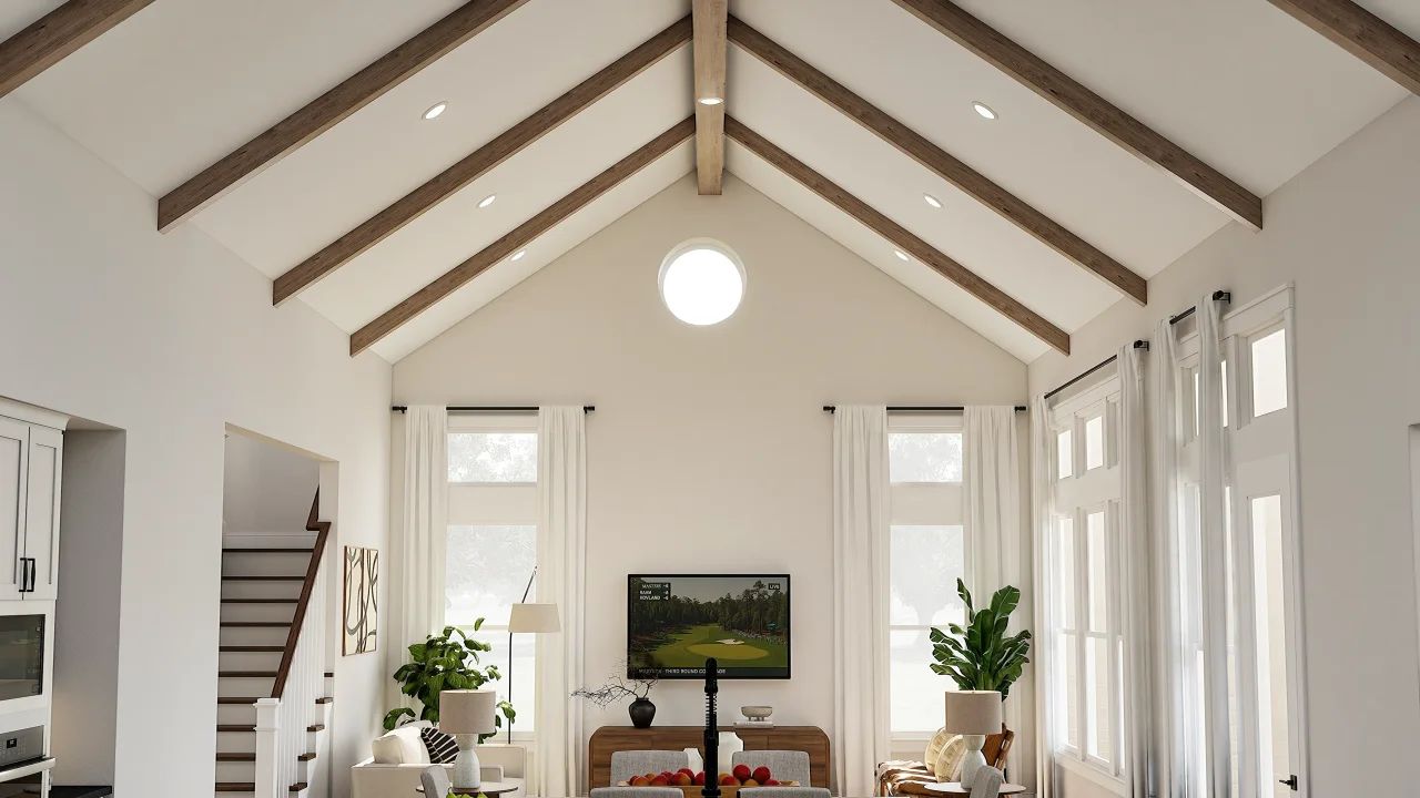 Great room with stained ceiling beams
