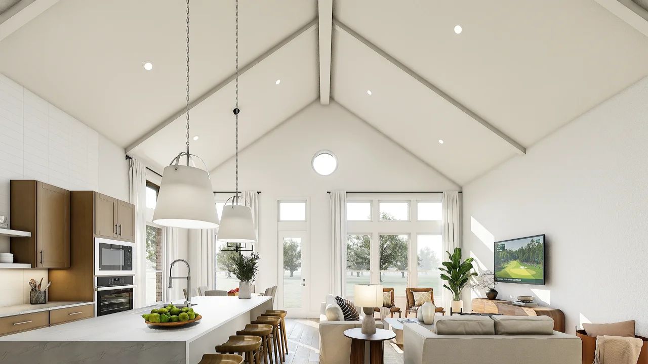 Great Room with White-Painted Ceiling Beams