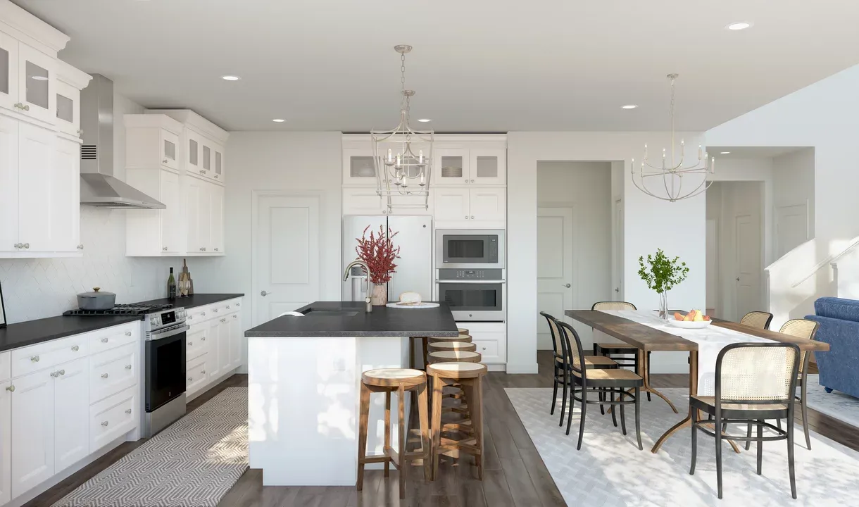 Kitchen with island, pendant lighting and glass upper cabinets