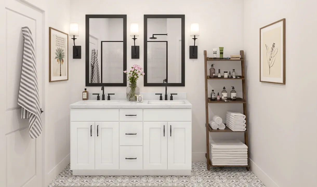 Primary bath with matte black fixtures