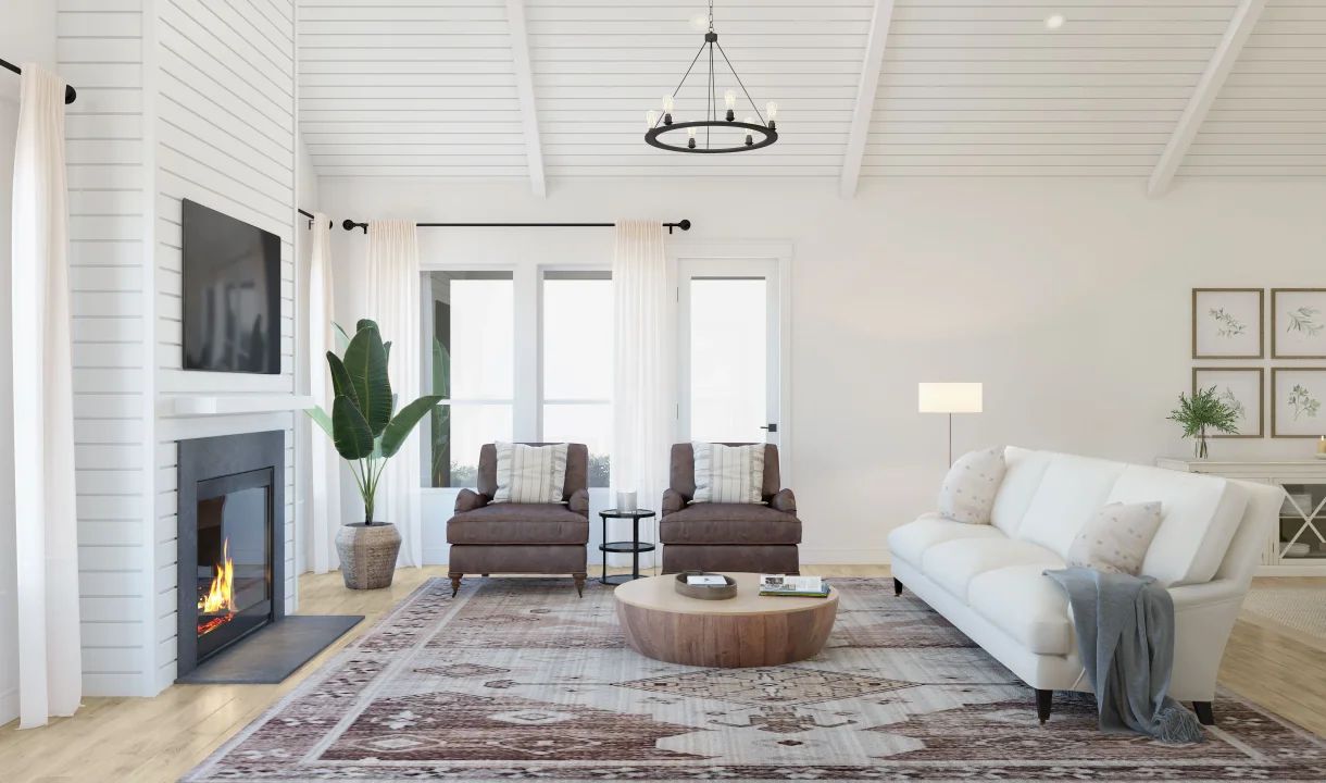 Great room with ceiling beams and shiplap