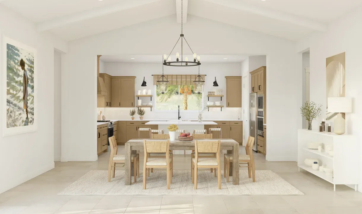 Dining area with white ceiling beams
