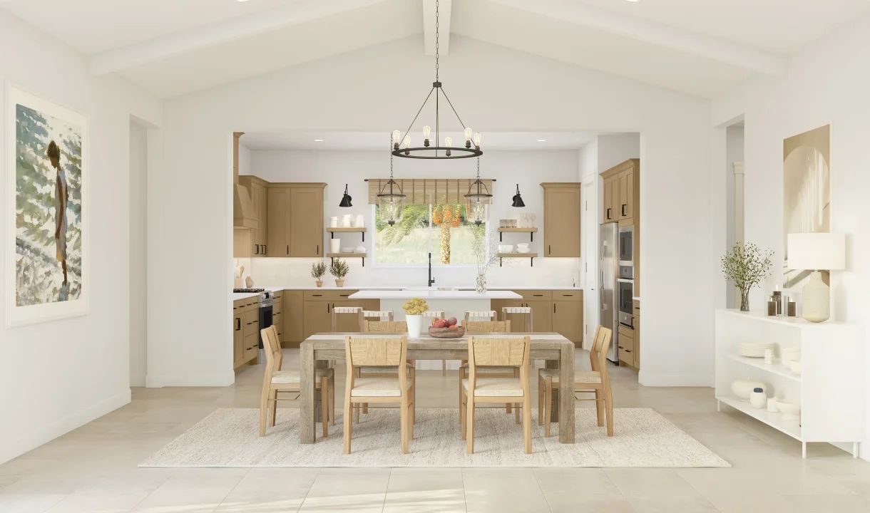 Dining area with white ceiling beams
