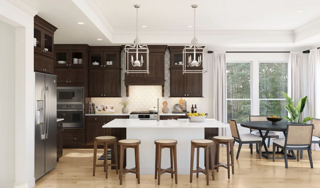 Kitchen with upper glass cabinets and pendant lighting