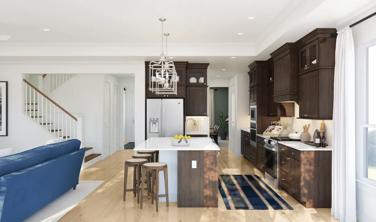 Kitchen with glass upper cabinets and brushed nickel pendant lighting