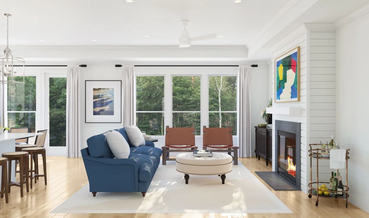 Great room with fireplace and coffered ceiling