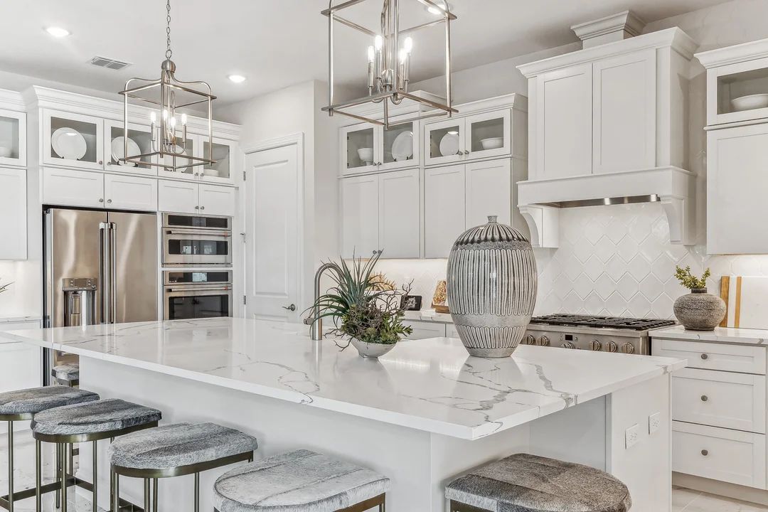 Kitchen with glass upper cabinets