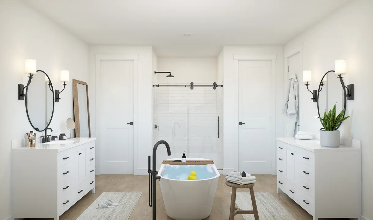 Primary bath with dual freestanding vanities