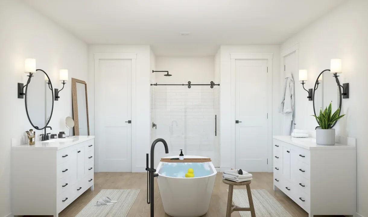 Primary bath with dual freestanding vanities