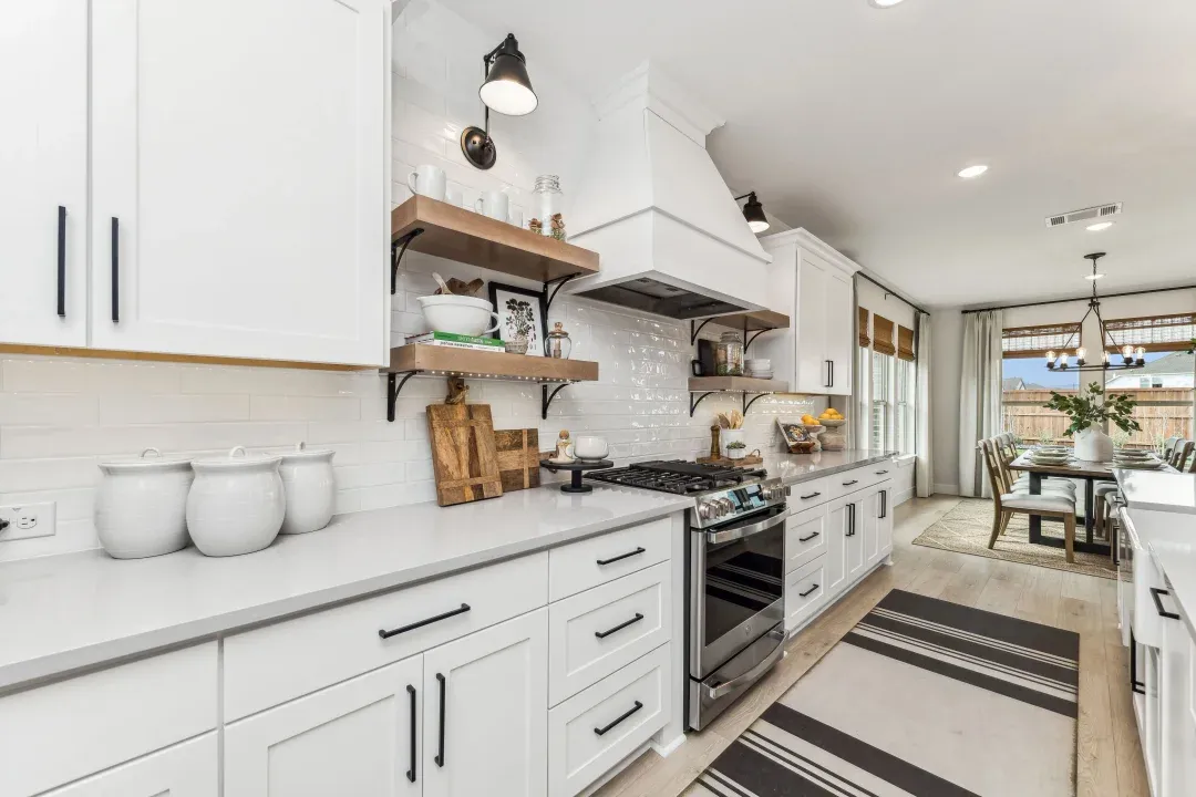 Kitchen with stylish floating shelves