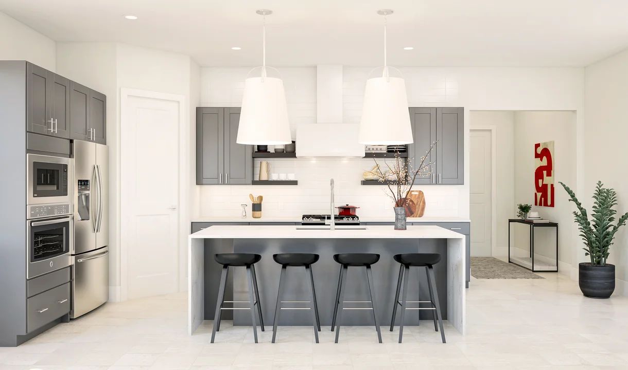 Kitchen with vast island & floating shelves