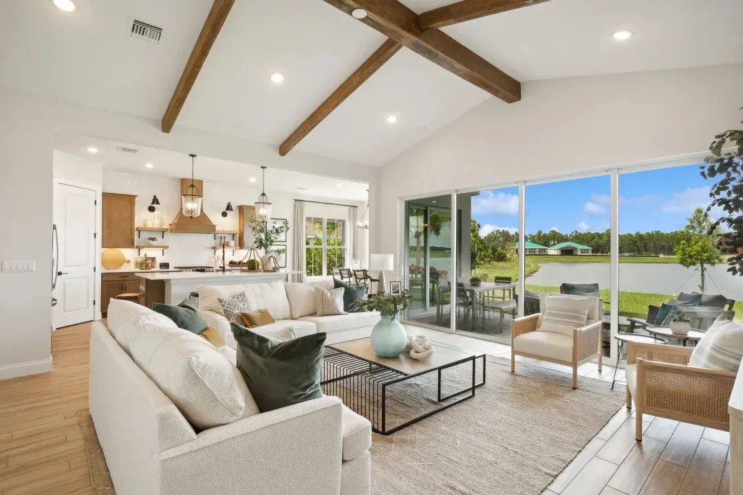 Great room with stained ceiling beams